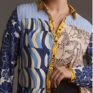Anthropologie Maeve Paz Button-Down Patchwork Zebra Print Top